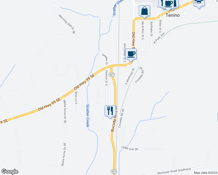 map of restaurants, bars, coffee shops, grocery stores, and more near 548 Huston Street South in Tenino