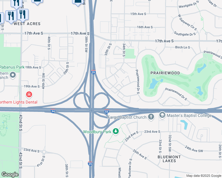 map of restaurants, bars, coffee shops, grocery stores, and more near 1857 35th Street South in Fargo