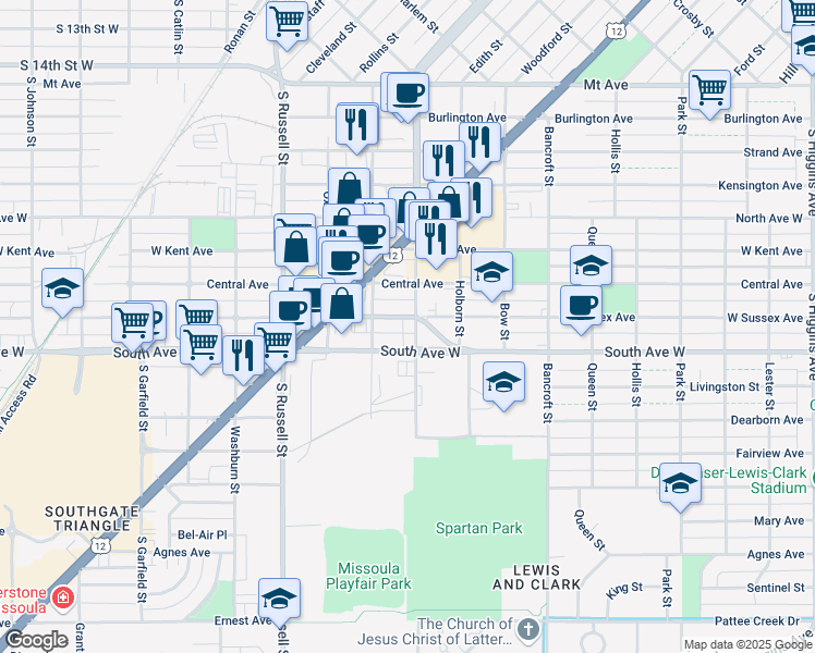 map of restaurants, bars, coffee shops, grocery stores, and more near 2305 Stephens Avenue in Missoula