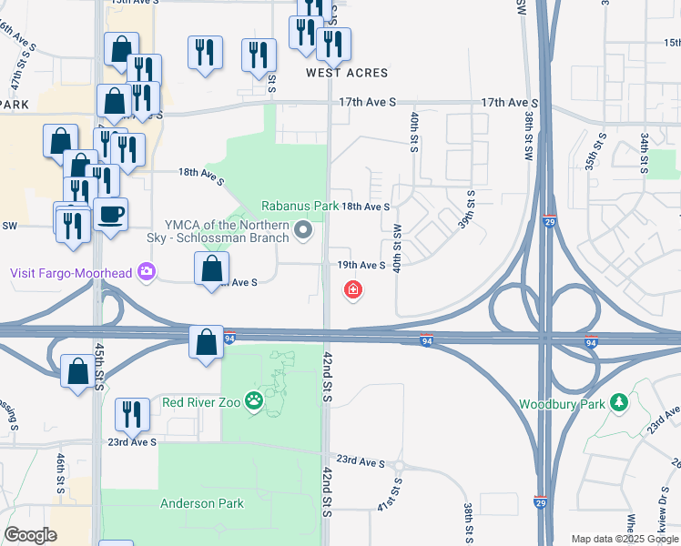 map of restaurants, bars, coffee shops, grocery stores, and more near 1910 42nd Street South in Fargo