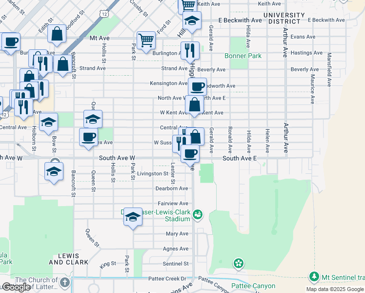 map of restaurants, bars, coffee shops, grocery stores, and more near 131 West Sussex Avenue in Missoula