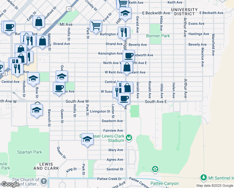 map of restaurants, bars, coffee shops, grocery stores, and more near 131 West Sussex Avenue in Missoula