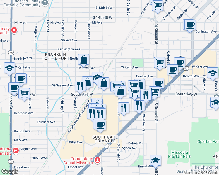 map of restaurants, bars, coffee shops, grocery stores, and more near 1843 West Sussex Avenue in Missoula