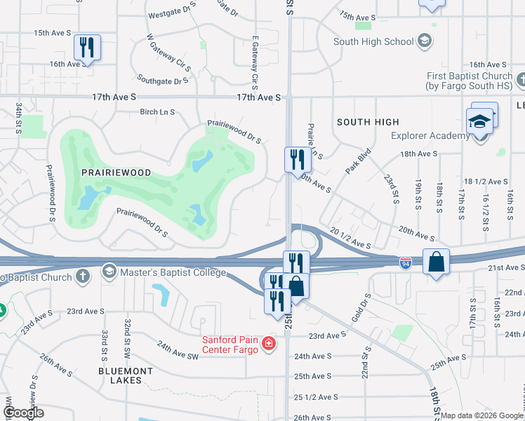 map of restaurants, bars, coffee shops, grocery stores, and more near 75 Prairiewood Drive South in Fargo