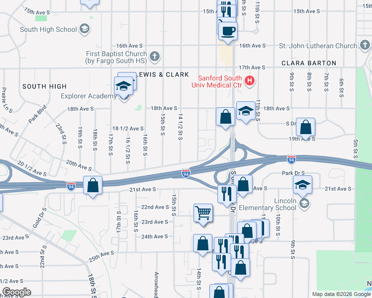 map of restaurants, bars, coffee shops, grocery stores, and more near 1902 14 1/2 Street South in Fargo