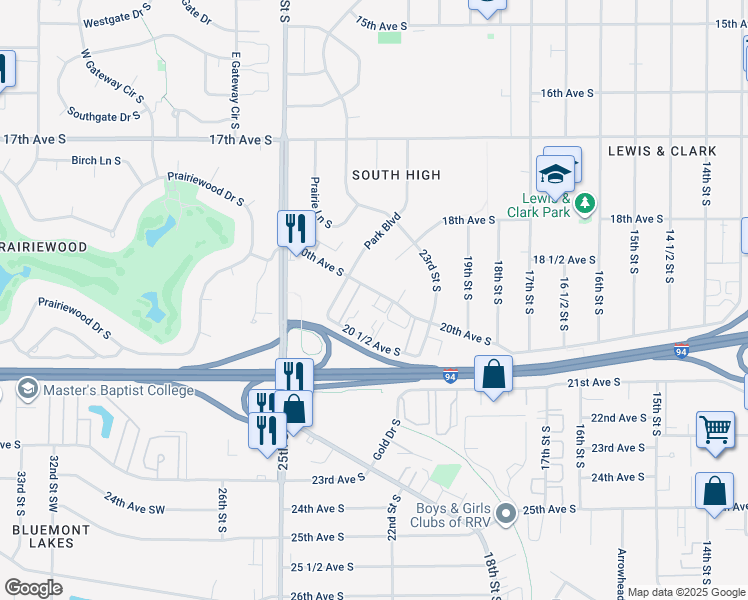 map of restaurants, bars, coffee shops, grocery stores, and more near 2356 20th Avenue South in Fargo