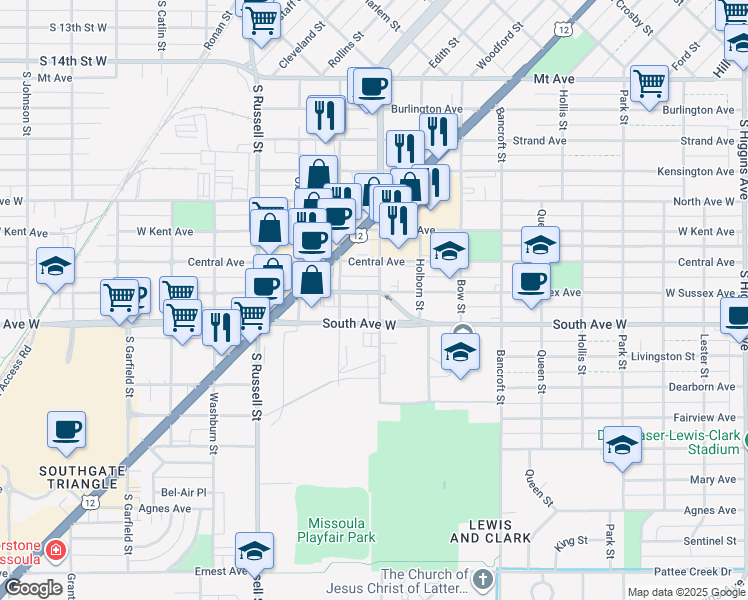 map of restaurants, bars, coffee shops, grocery stores, and more near 2305 Stephens Avenue in Missoula
