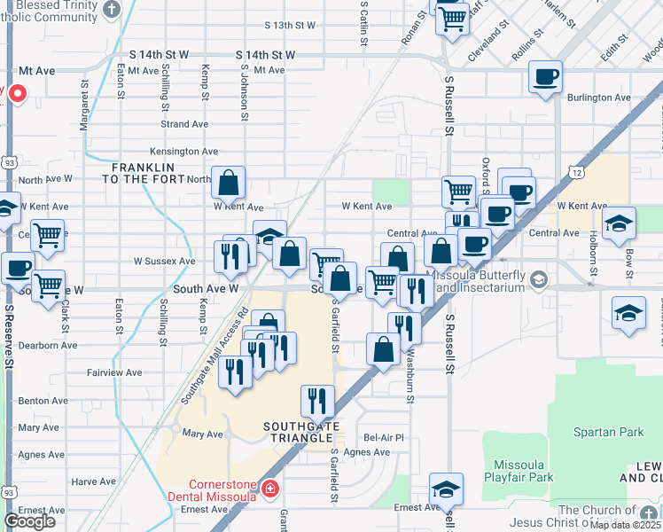 map of restaurants, bars, coffee shops, grocery stores, and more near 1779 West Sussex Avenue in Missoula