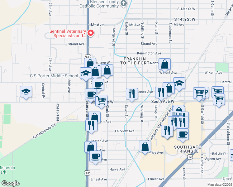 map of restaurants, bars, coffee shops, grocery stores, and more near 2337 West Sussex Avenue in Missoula