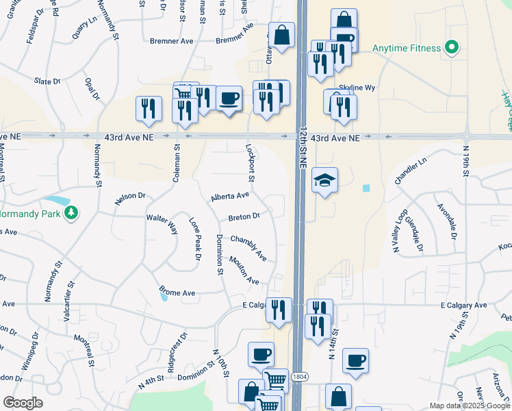 map of restaurants, bars, coffee shops, grocery stores, and more near 934 Breton Drive in Bismarck