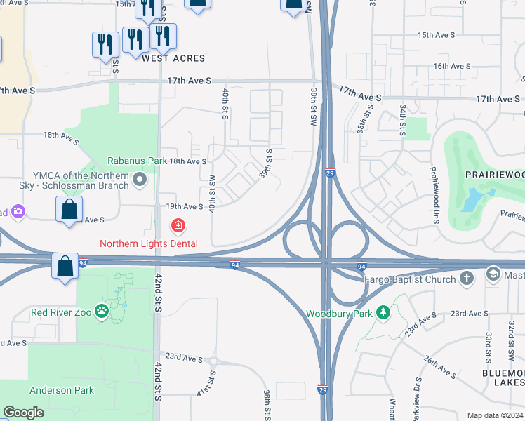 map of restaurants, bars, coffee shops, grocery stores, and more near 1855 38th Street South in Fargo