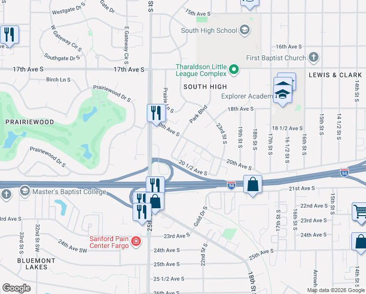 map of restaurants, bars, coffee shops, grocery stores, and more near 2021 Park Boulevard in Fargo