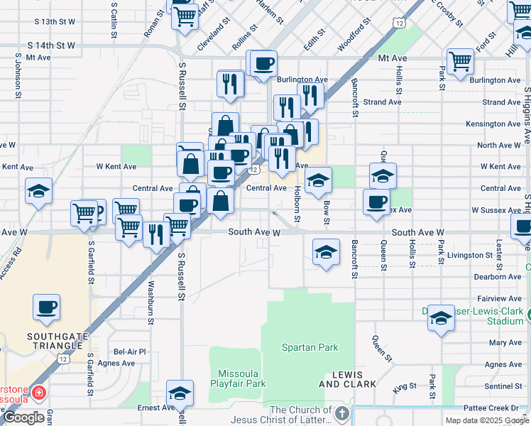 map of restaurants, bars, coffee shops, grocery stores, and more near 2307 Stephens Avenue in Missoula