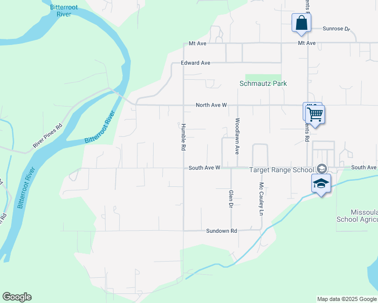 map of restaurants, bars, coffee shops, grocery stores, and more near 2220 Humble Road in Missoula
