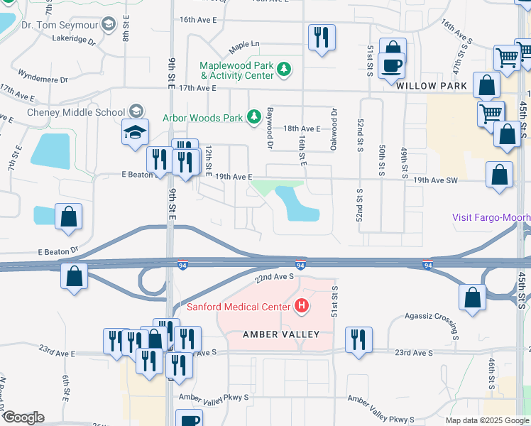 map of restaurants, bars, coffee shops, grocery stores, and more near 1910 Burlington Drive in West Fargo