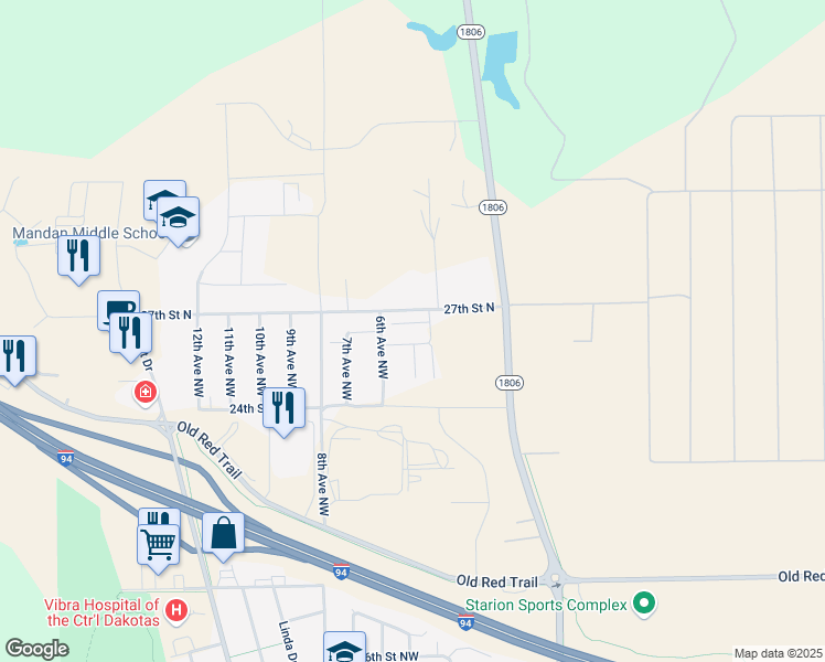 map of restaurants, bars, coffee shops, grocery stores, and more near 600 Meadowridge Loop Northwest in Mandan