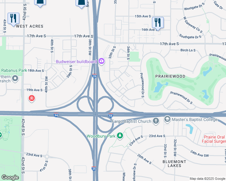 map of restaurants, bars, coffee shops, grocery stores, and more near 1857 35th Street South in Fargo