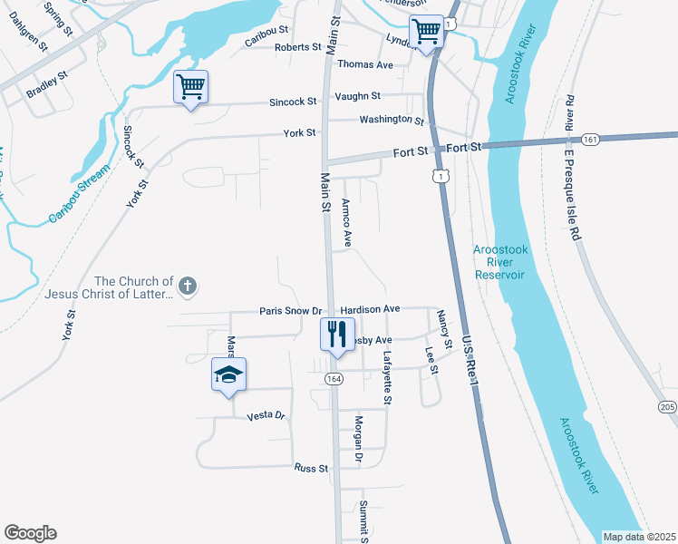 map of restaurants, bars, coffee shops, grocery stores, and more near 549 Main Street in Caribou