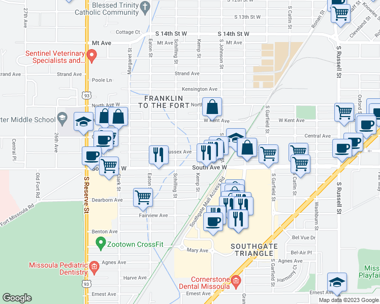 map of restaurants, bars, coffee shops, grocery stores, and more near 2136 West Sussex Avenue in Missoula