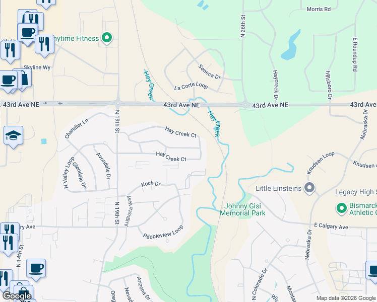 map of restaurants, bars, coffee shops, grocery stores, and more near 422 Hay Creek Court in Bismarck