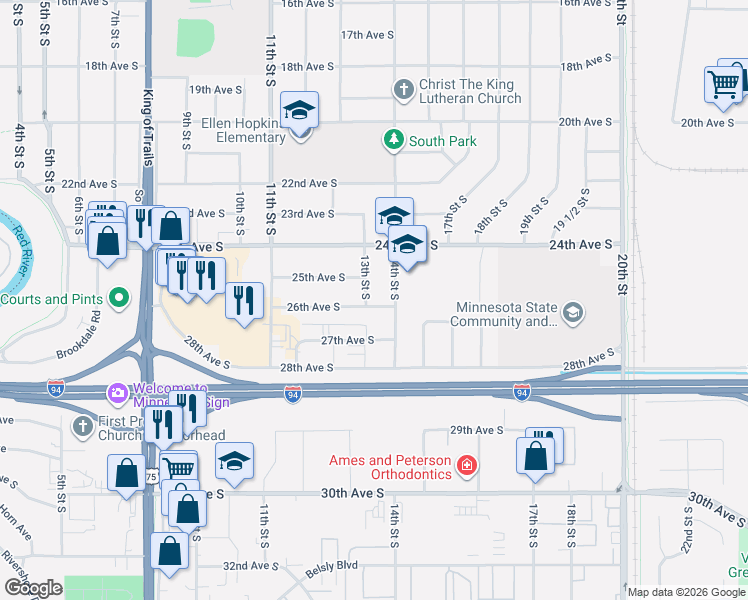 map of restaurants, bars, coffee shops, grocery stores, and more near 1303 26th Avenue South in Moorhead