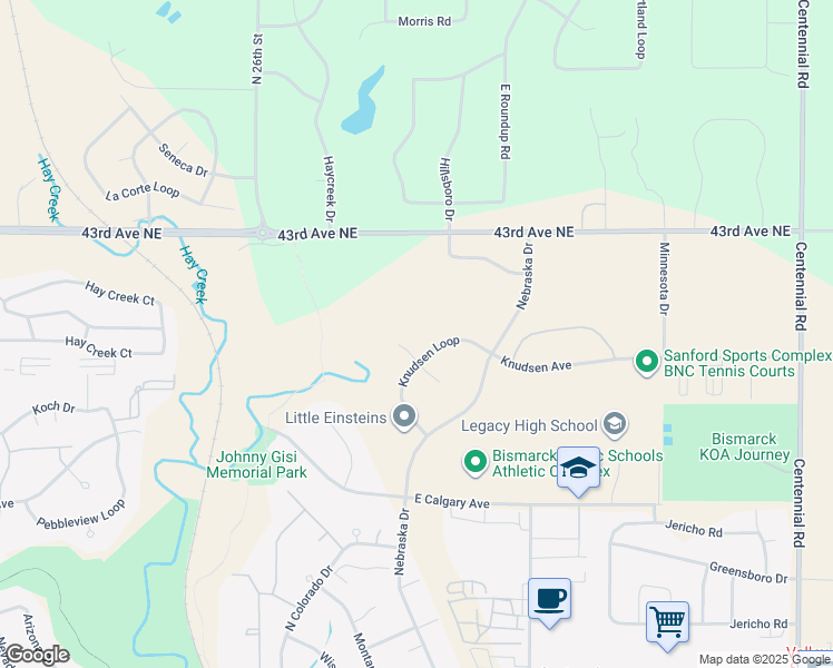 map of restaurants, bars, coffee shops, grocery stores, and more near New Rockford Place in Bismarck