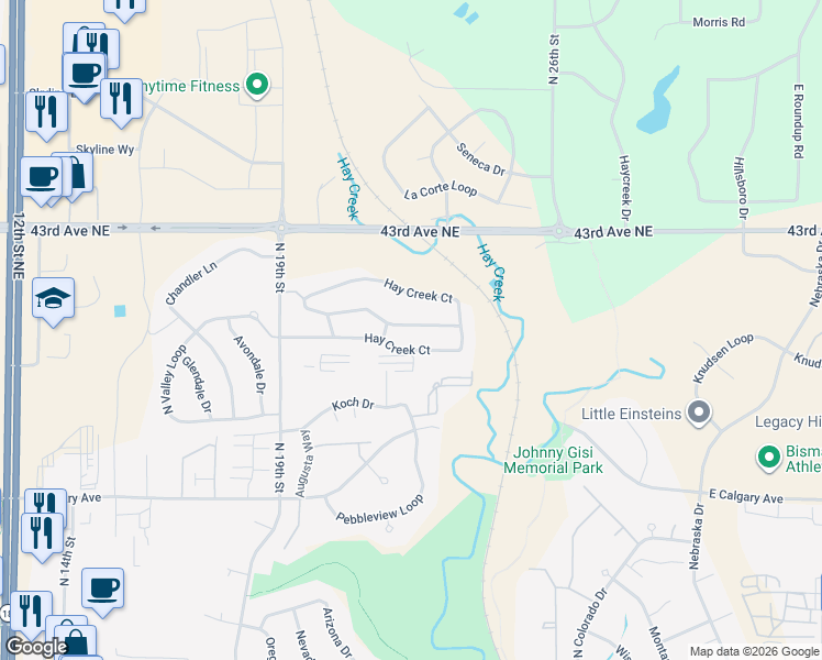 map of restaurants, bars, coffee shops, grocery stores, and more near 422 Haycreek Court in Bismarck