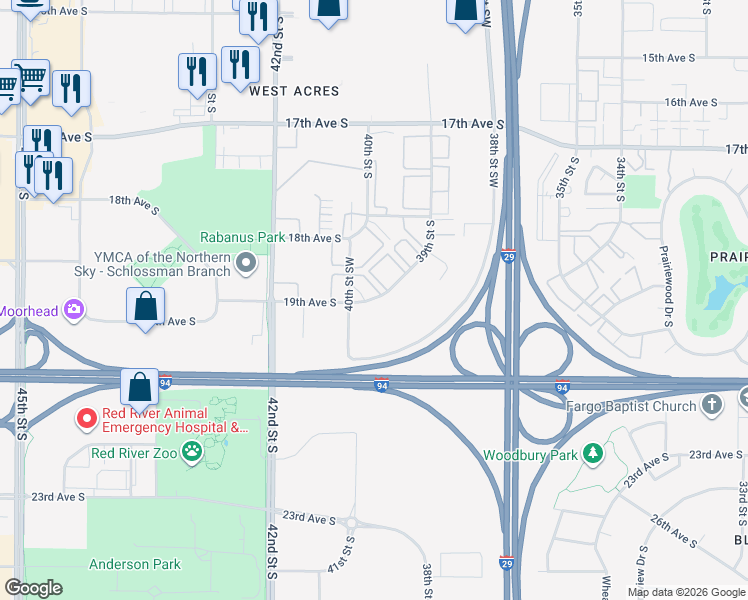 map of restaurants, bars, coffee shops, grocery stores, and more near 2400 19th Avenue South in Fargo