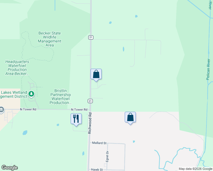 map of restaurants, bars, coffee shops, grocery stores, and more near 19165 County Highway 21 in Detroit Lakes