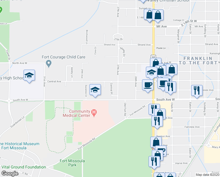 map of restaurants, bars, coffee shops, grocery stores, and more near 2210 Central Place in Missoula