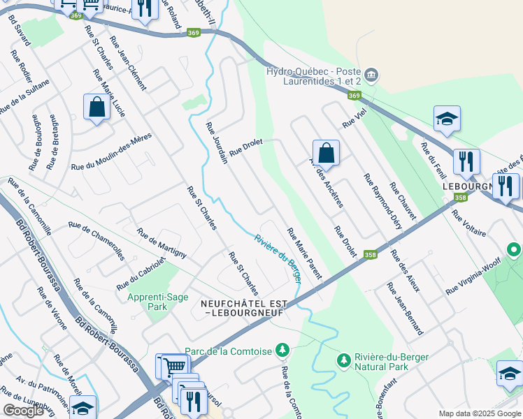 map of restaurants, bars, coffee shops, grocery stores, and more near 9440 Rue Jourdain in Ville de Québec