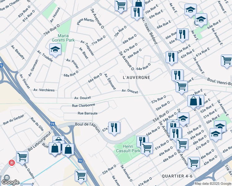 map of restaurants, bars, coffee shops, grocery stores, and more near 6235 Avenue Doucet in Québec