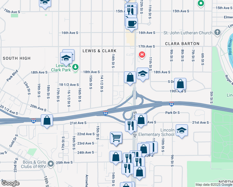 map of restaurants, bars, coffee shops, grocery stores, and more near 1909 13 1/2 Street South in Fargo