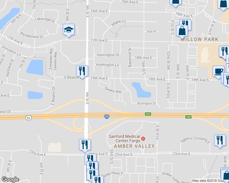 map of restaurants, bars, coffee shops, grocery stores, and more near Queens Way in West Fargo