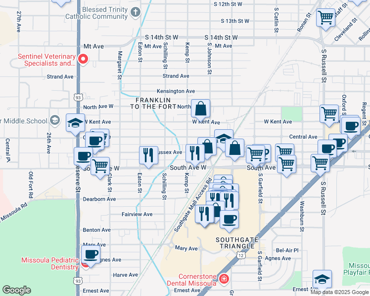 map of restaurants, bars, coffee shops, grocery stores, and more near 2300 Kemp Street in Missoula