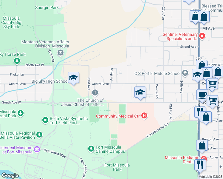 map of restaurants, bars, coffee shops, grocery stores, and more near 2933 West Central Avenue in Missoula