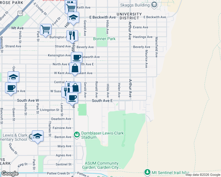 map of restaurants, bars, coffee shops, grocery stores, and more near 2300 Hilda Avenue in Missoula