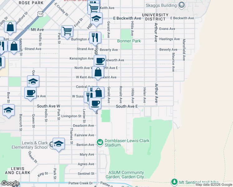 map of restaurants, bars, coffee shops, grocery stores, and more near 301 East Sussex Avenue in Missoula