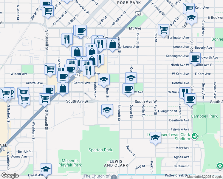 map of restaurants, bars, coffee shops, grocery stores, and more near 735 West Sussex Avenue in Missoula