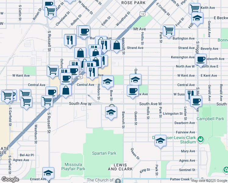 map of restaurants, bars, coffee shops, grocery stores, and more near 735 West Sussex Avenue in Missoula