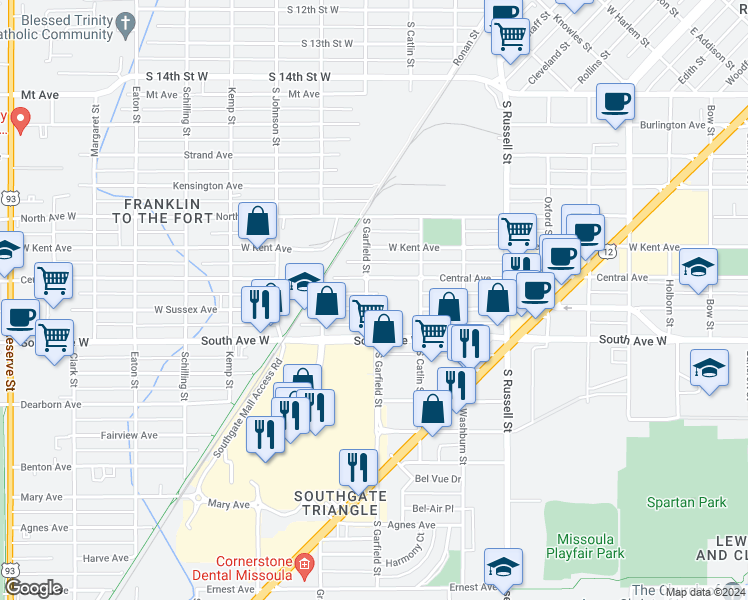 map of restaurants, bars, coffee shops, grocery stores, and more near 1779 West Sussex Avenue in Missoula