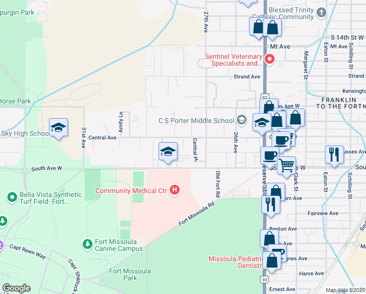 map of restaurants, bars, coffee shops, grocery stores, and more near 2718 South Avenue West in Missoula