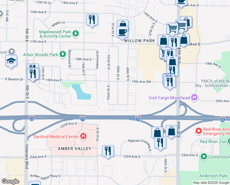 map of restaurants, bars, coffee shops, grocery stores, and more near 2058 52nd Street South in Fargo