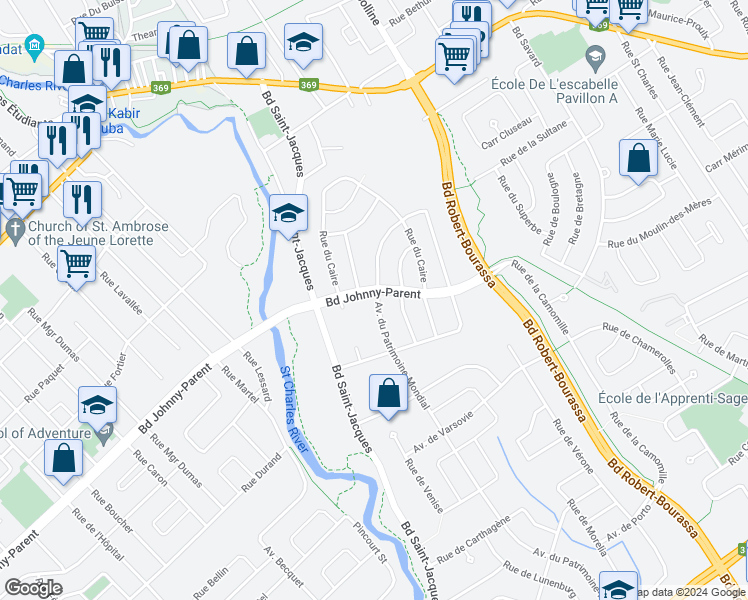 map of restaurants, bars, coffee shops, grocery stores, and more near 9995 Avenue du Patrimoine-Mondial in Québec
