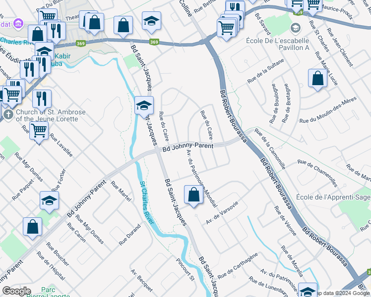 map of restaurants, bars, coffee shops, grocery stores, and more near 9995 Avenue du Patrimoine-Mondial in Québec