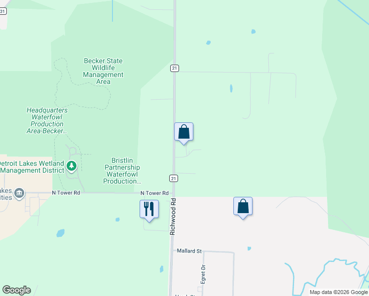 map of restaurants, bars, coffee shops, grocery stores, and more near 19165 County Highway 21 in Detroit Lakes
