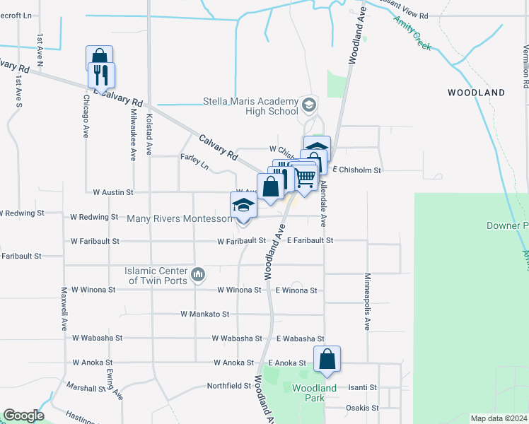 map of restaurants, bars, coffee shops, grocery stores, and more near 25 West Redwing Street in Duluth