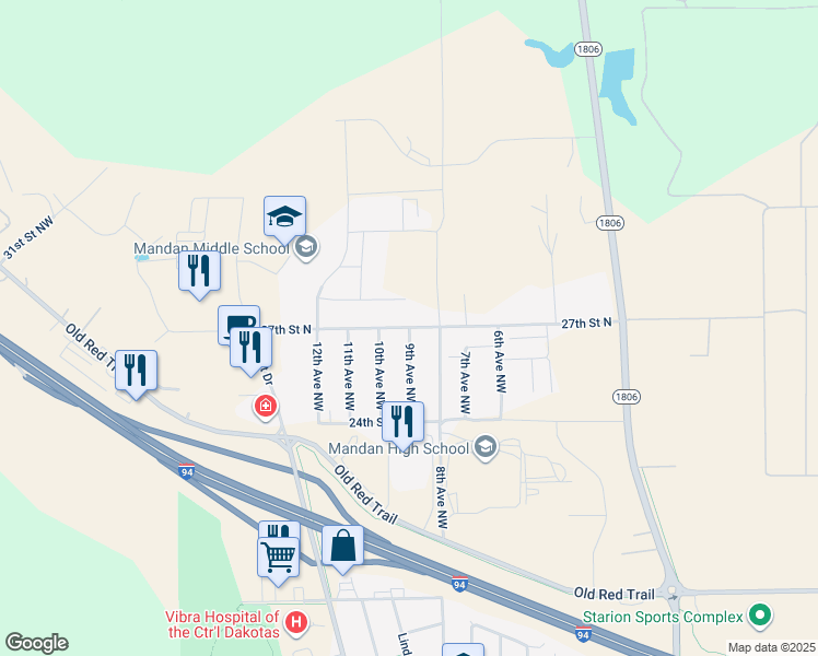 map of restaurants, bars, coffee shops, grocery stores, and more near 2799 9th Avenue Northwest in Mandan