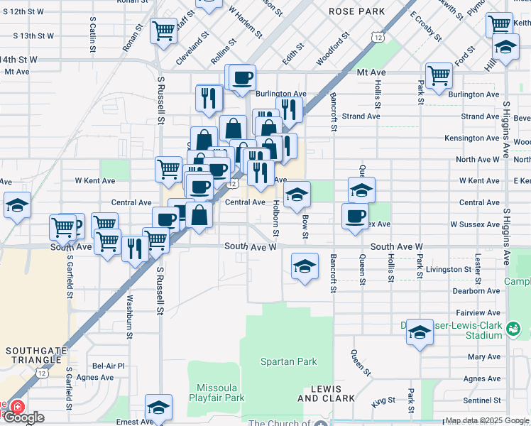 map of restaurants, bars, coffee shops, grocery stores, and more near 900 South Avenue West in Missoula