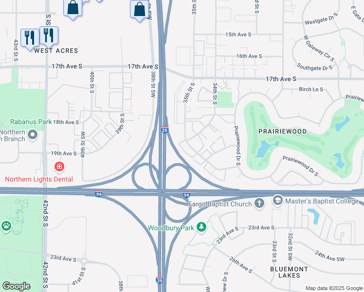 map of restaurants, bars, coffee shops, grocery stores, and more near 1857 35th Street South in Fargo
